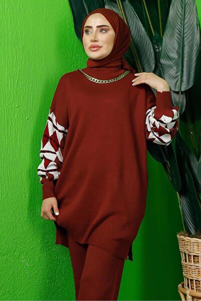 TRENDTESETTÜR Women's Burgundy Sleeved Patterned Knit Tunic t 3408-1