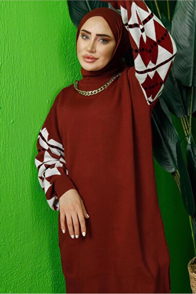 TRENDTESETTÜR Women's Burgundy Sleeved Patterned Knit Tunic t 3408-1