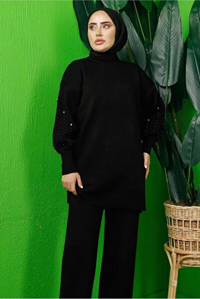 TRENDTESETTÜR Women's Black Beaded Tricot Tunic t 8408-1