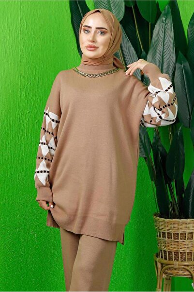 TRENDTESETTÜR Women's Brown (Camel) Sleeved Patterned Knit Tunic t 3408-1