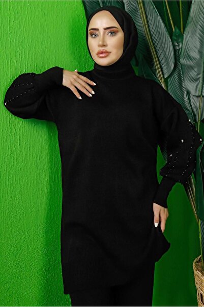 TRENDTESETTÜR Women's Black Beaded Tricot Tunic t 8408-1