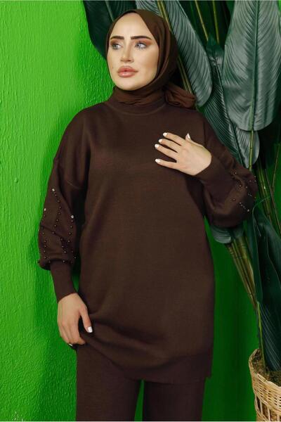 TRENDTESETTÜR Women's Brown Beaded Tricot Tunic t 8408-1