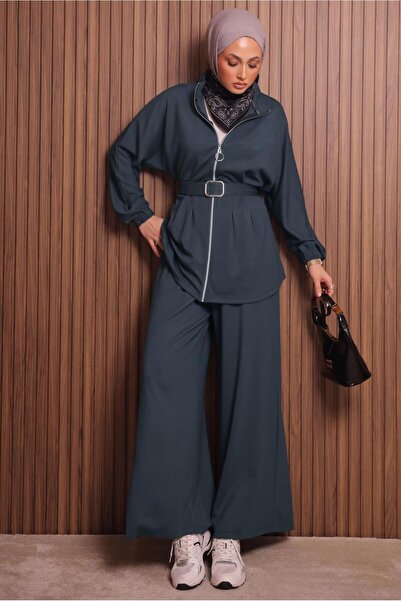 TRENDTESETTÜR Women's Gray (Anthracite) Pants and Belt Suit t 9935