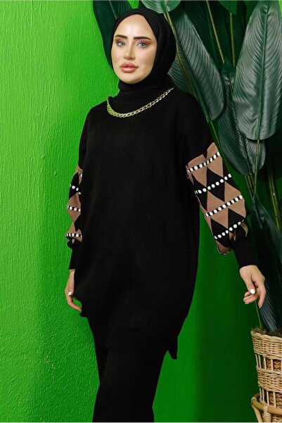 TRENDTESETTÜR Women's Black Sleeved Patterned Knit Tunic t 3408-1