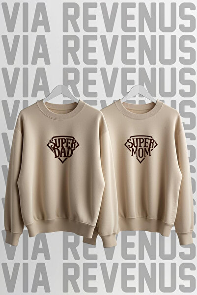 Vordevia Super Mom & Super Dad Printed Crew Neck 3 Thread Fleece-Lined Wide Fit Lover Combination Sweatshirt