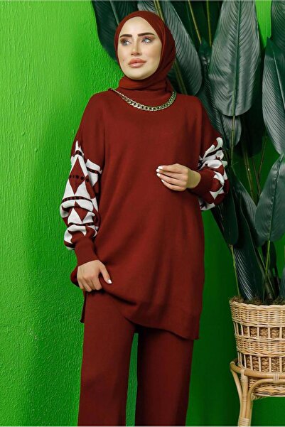 TRENDTESETTÜR Women's Burgundy Sleeved Patterned Knit Tunic t 3408-1