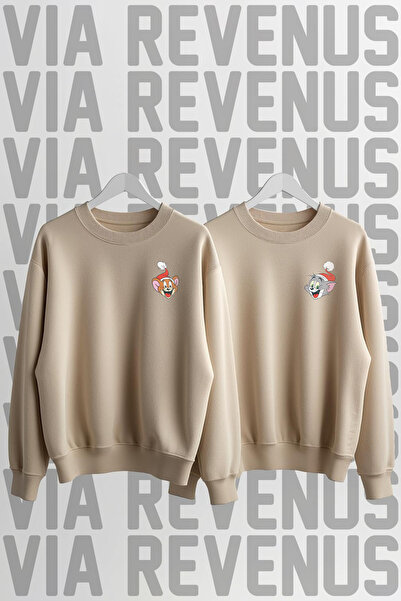 Vordevia New Year Christmas Printed Crew Neck 3 Thread Ş Fleece-Lined Wide Fit Dear Combination Sweatshirt