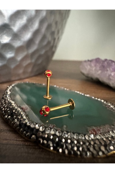 Bylin Takı 316 L Cerrahi Çelik Kırmızı Taşlı Gold Dudak, Kulak Kıkırdak Pierc...