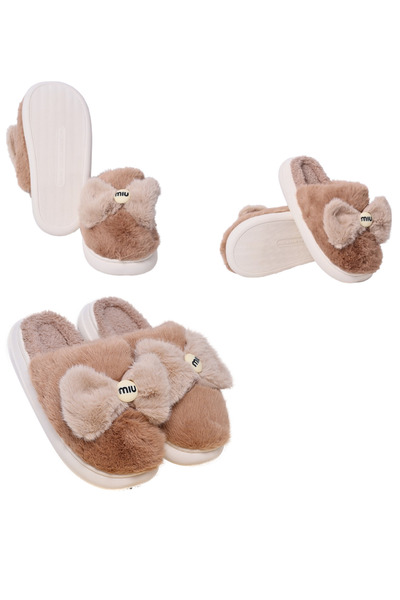 OEM Women's Slippers with Soft Fur and Elegant Bow - Warm, Comfortable and Non-Slip, Brown, 40-41