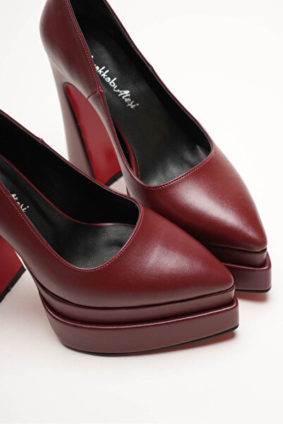 Ayakkabı Ateşi Double Platform Thick High Heels Pointed Toe Women's Shoes Burgundy Skin