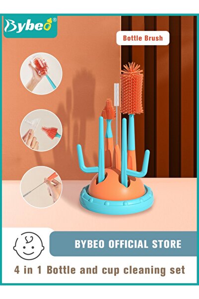BYBEO 4 in 1 Silicone Baby Bottle Cleaning Brush Set with Stand, 360° Rotating Water Bottles Cleaner, Cup