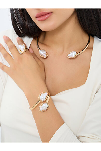 Styli طقم مجوهرات من عقد وخاتم وسوار من اللؤلؤ المزخرف