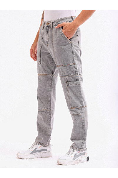 The Indian Garage Co By Styli Men Grey Mid Wash Cargo Jeans