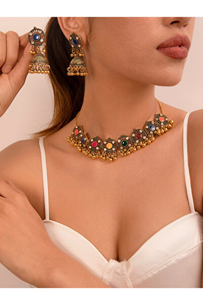 Take Two By Styli Embellished Tassel Necklace and Earrings Jewelry Set