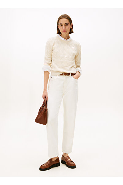 Tommy Hilfiger Yuvarlak Yaka Standart Düz Bej Kazak Kadın WW0WW43586ADK