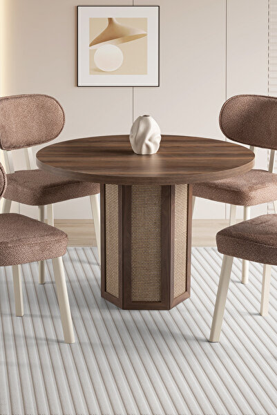 Liya Mimoza Yuvarlak Yemek Masası Ahşap Hazeran Salon Yemek Masası Bohem Mutfak 4 Kişilik Ceviz 100 Cm