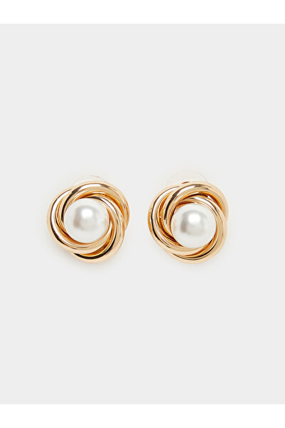 Styli Gold Tone Knot Stud Earrings with Pearl Center