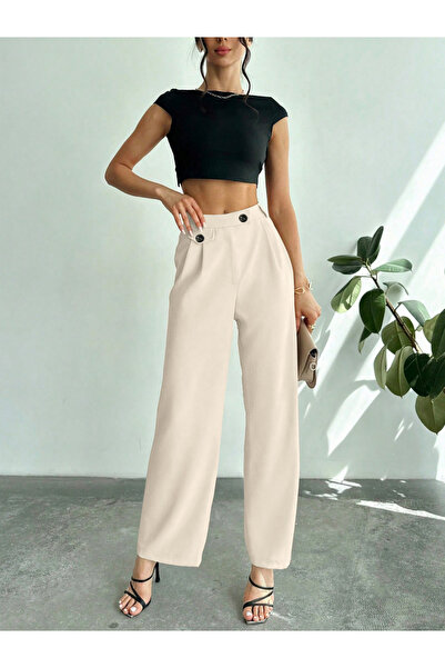 Take Two By Styli Off White Wide Leg Trousers with Button