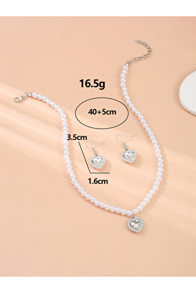 Take Two By Styli Heart Shape Drop Faux Pearl Necklace and Earrings Jewelry Set