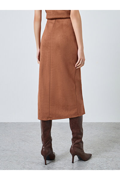 Styli Brown Suede A-Line Midi Skirt