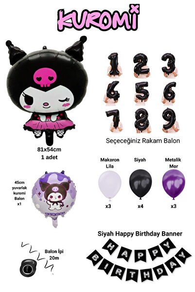 PARTİAVM 4 Year Old Kuromi Theme Birthday Balloon Set Black Number Happy Birthday Banner Helium Compatible Flying Balloon