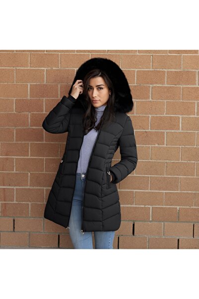 SETTY KOOP Women’s Long Slim-Fit Puffer Coat with Plush Faux Fur Hood, Winter Jacket with Zip Pockets