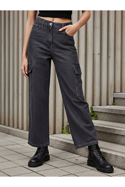 Freehand By Styli Women Grey Flare Leg Cargo Jeans