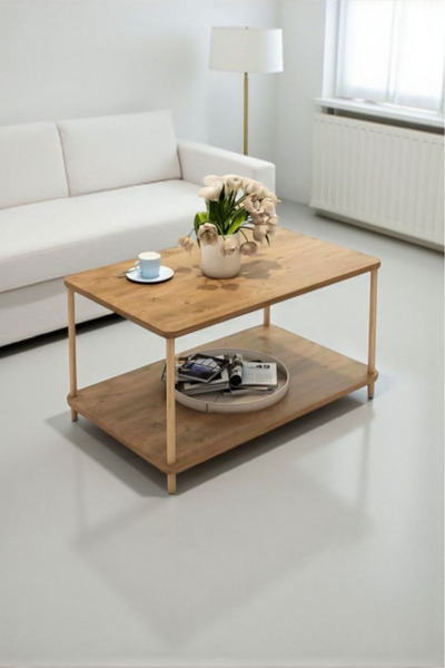 ehven Işıltı Kare Çam Desenli Ahşap Ayaklı Orta Sehpa Kahve Masası