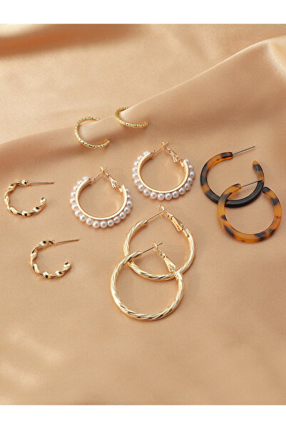 Take Two By Styli Set of 5 - Faux Pearl Leopard Print Hoop Earring