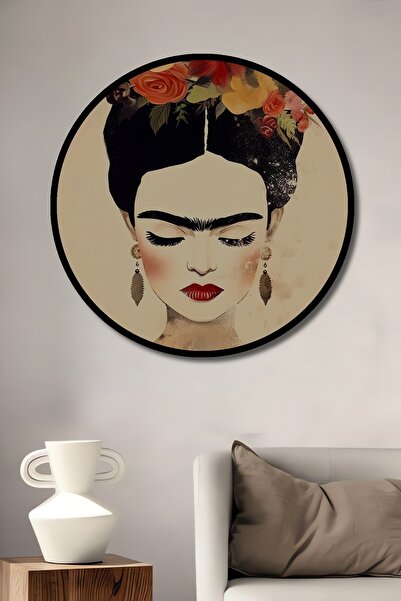 seZZeon Çerçeve Görünümlü Dekoratif Ahşap Yuvarlak Frida Kahlo Çiçeklerle Tab...