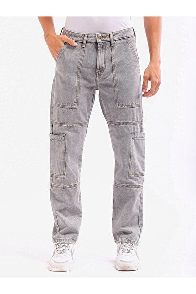The Indian Garage Co By Styli Men Grey Mid Wash Cargo Jeans