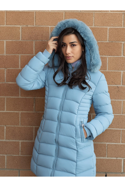 SETTY KOOP Women’s Long Slim-Fit Puffer Coat with Plush Faux Fur Hood, Winter Jacket with Zip Pockets