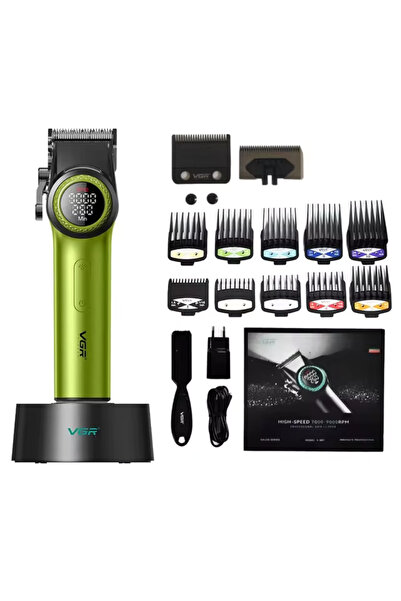 Dearling VGR V-001 Profesyonel Berberler için Karbon Çelik Bıçak Saç Kesme Makinesi 9000RPM, LED Ekran Yeşil