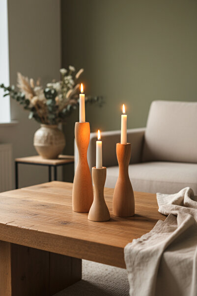 HAMUR Dekoratif 3’lü Ahşap Mumluk Set Modern Minimalist Doğal Şamdan Ofis Ev ...