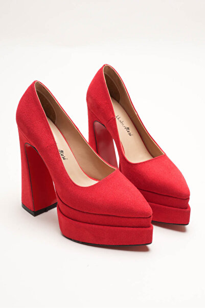 Ayakkabı Ateşi Double Platform Thick High Heels Pointed Toe Women's Shoes Red Suede