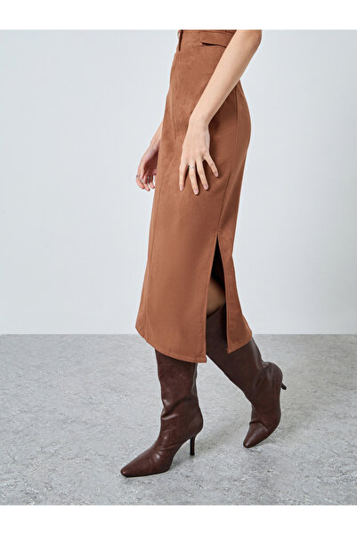 Styli Brown Suede A-Line Midi Skirt