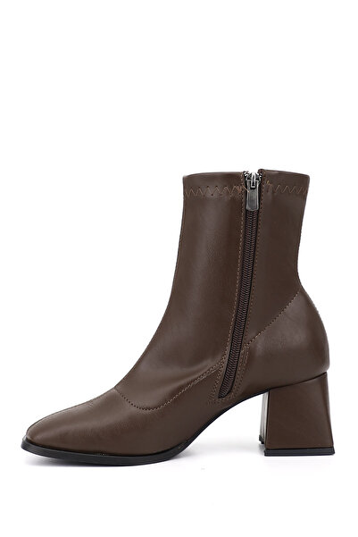 GÖNDERİ(R) Women's Light Brown Leather-Look Thick Heeled Stretch Boots