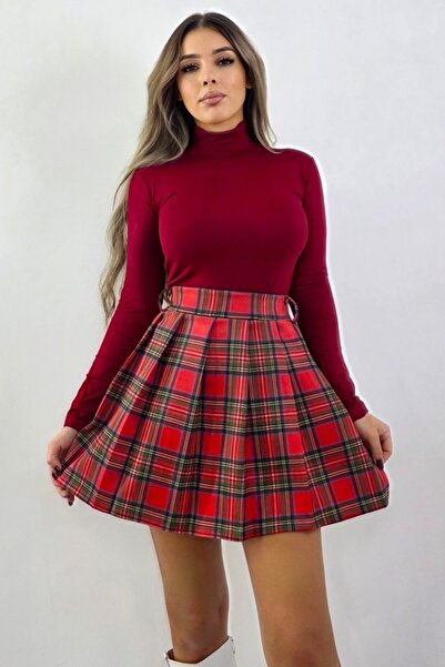 FashionForYou Fustă scurtă plisată, în carouri, Serena, cu elastic în talie, Roșie, Mărime S/M/L