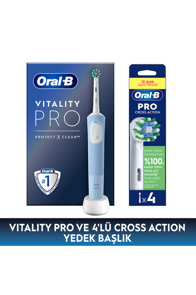 Oral-B Vitality Pro Mavi Elektrikli Diş Fırçası, Yedek Başlık Cross Action X-...