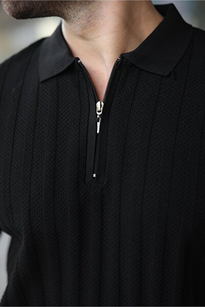 Madmext Black Half Zip Polo Neck Men's Knitwear T-Shirt E7458