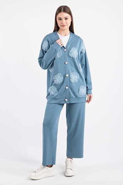 Hatun Atila Tulle Flower and Pearl Detailed Cardigan Set 7926 - Blue