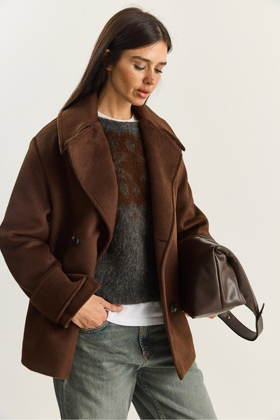 Bianco Lucci Γυναικείο παλτό διπλό πέτο με γιακά και επένδυση κοντό oversized καστανό 3508 60283850