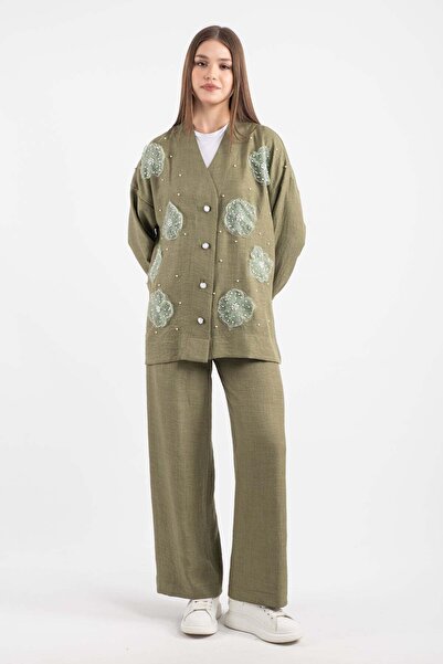 Hatun Atila Women's Tulle Floral Stone Detailed Two-Piece Set 8747 - Khaki