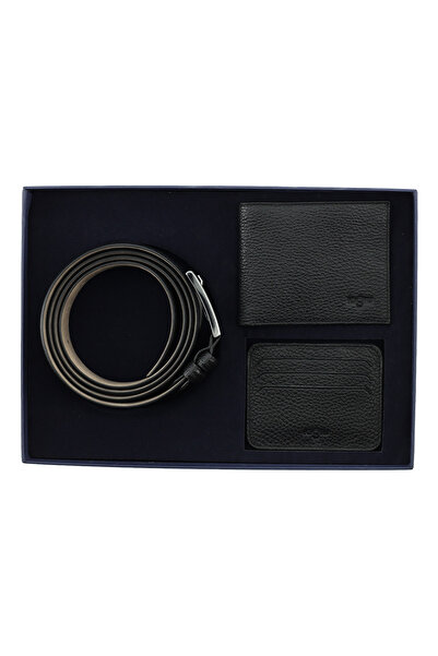 Kiğılı Patterned 3-Piece Leather Belt & Wallet & Card Holder Gift Boxed Set