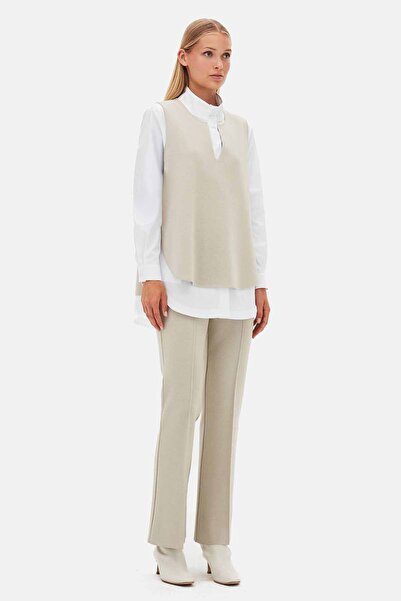 MISS DALIDA Yaka Detaylı Kolsuz Triko Taş Rengi Tunik