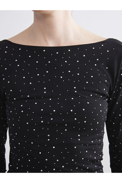 LC Waikiki Basic Black Boat Neck Stone Blouse