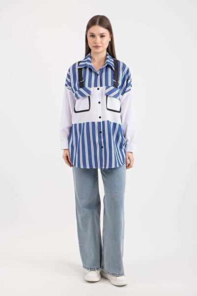 Hatun Atila قميص نسائي مخطط قصة فضفاضة بتصميم جيوب وحمالات 7933 - أزرق داكن