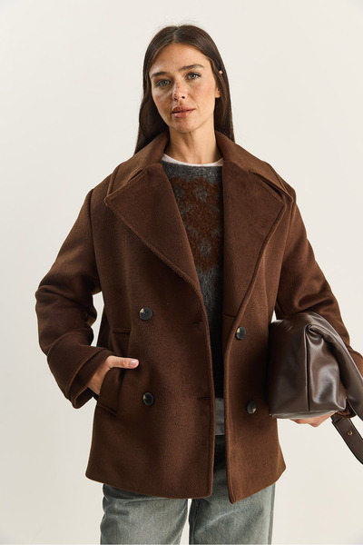 Bianco Lucci Γυναικείο παλτό διπλό πέτο με γιακά και επένδυση κοντό oversized καστανό 3508 60283850