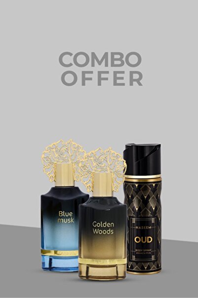 Naseem Special Combo(Blue Musk- 55ml, Golden Woods -55ml, Oud Body Spray-200ml) |Pack of 3| for Men & Women