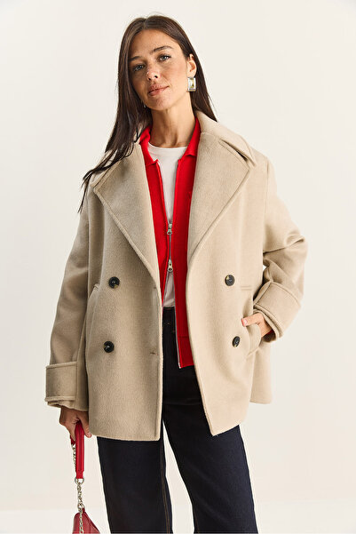 Bianco Lucci Γυναικείο παλτό διπλό πέτο με γιακά και επένδυση κοντό oversized καστανό 3508 60283850